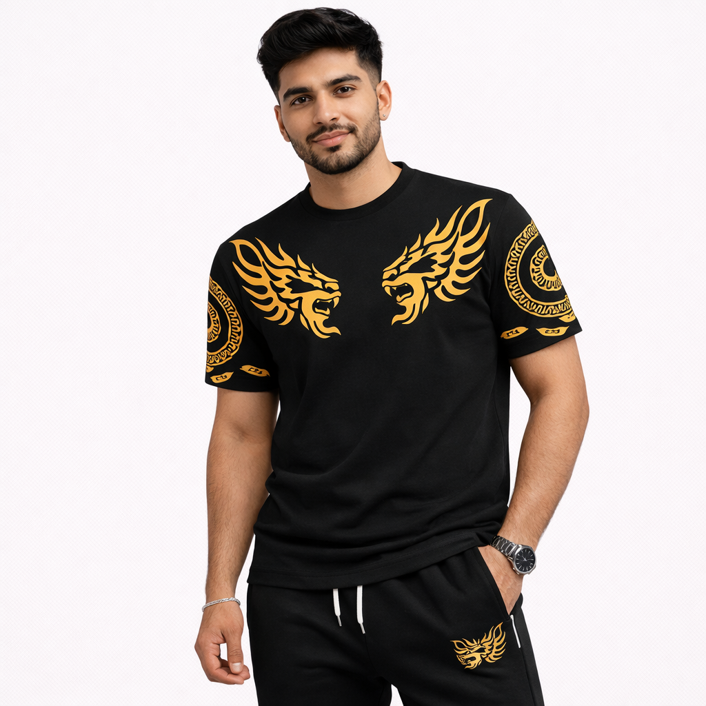 Men Black Lion Printed Tracksuit For Men