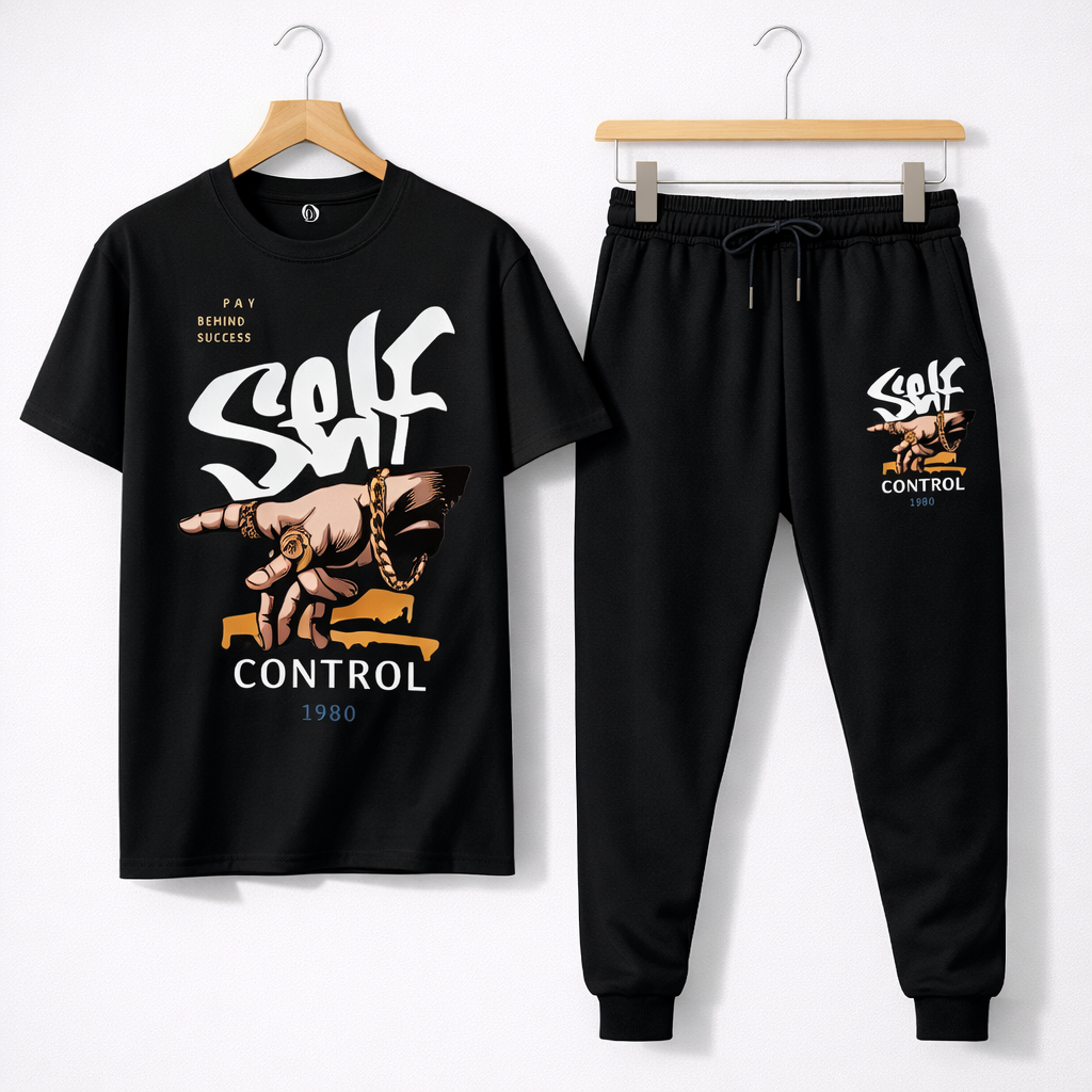 Men Black Printed Tracksuit Self Control 1980 For Men