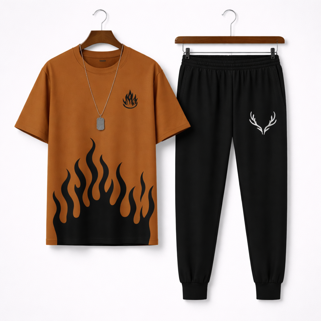 Men Brown Flame Printed Tracksuit For Men