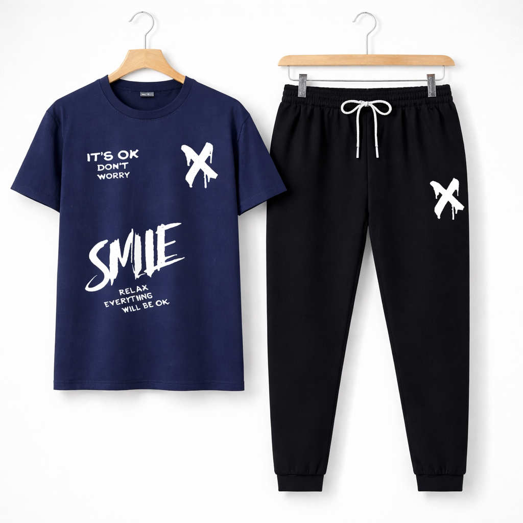 Men Graphic Cotton Blue Track Suit For Men